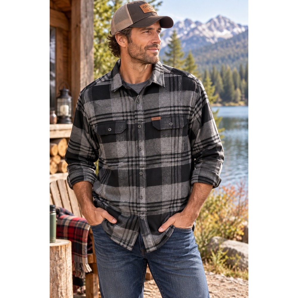 Orvis Mens Plaid Flannel Shirt Grey Black Long Sleeve Button Down XL NEW